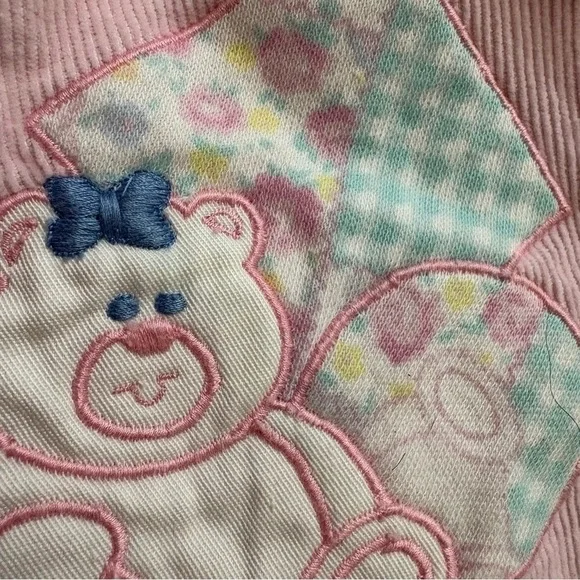 Vtg Pink Corduroy Romper Overalls Embroidered Teddy Bear Balloon 6-9 Months - Picture 7 of 11